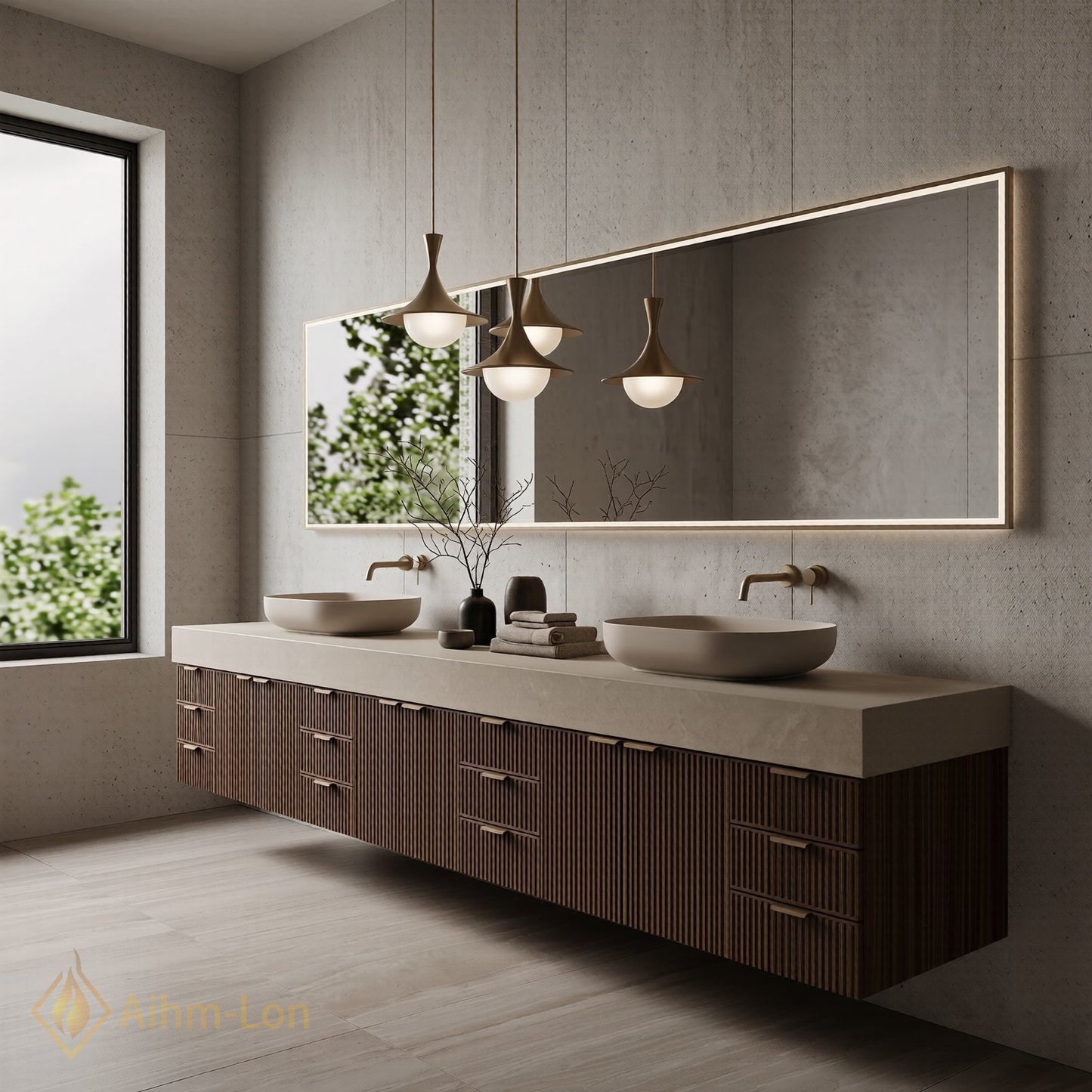 88''-96'' Double Bathroom Vanity with Sink Floating Modern Solid-Wood Stone-Top Storage Drawers