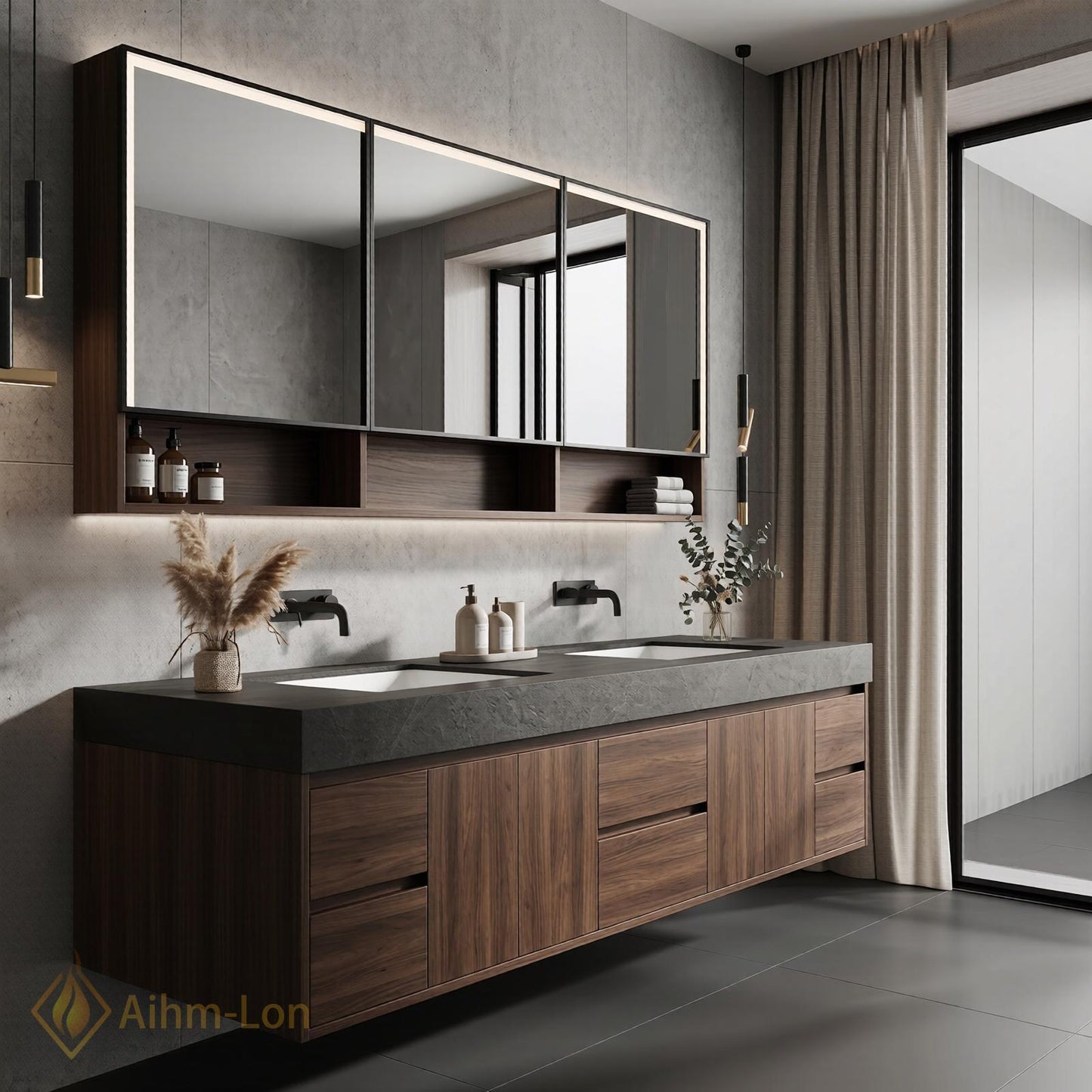 60''-96'' Double Bathroom Vanity with Sink Modern Floating Walnut Wood Grain Finish