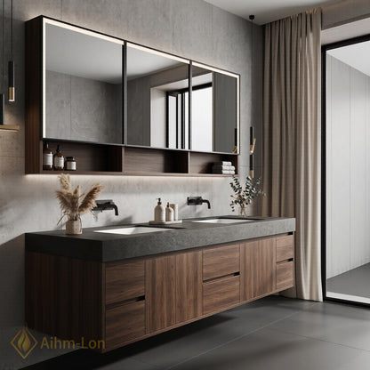 60''-96'' Double Bathroom Vanity with Sink Modern Floating Walnut Wood Grain Finish