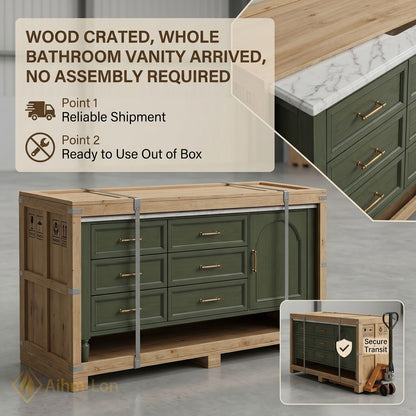 48''-64'' Modern Bathroom Vanity with Sink Distressed Olive Green Marble Sculpted Drawers