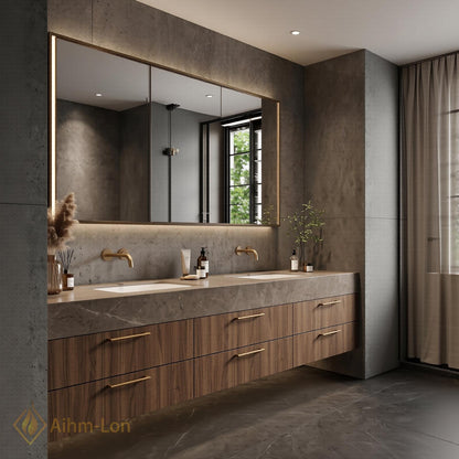 60''-96'' Double Bathroom Vanity with Sink Dark-Walnut Floating Slatted Center Panel