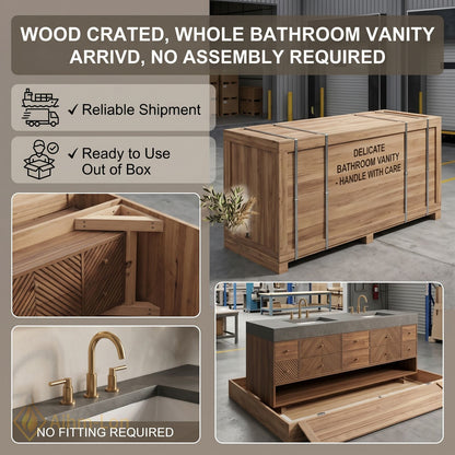 78''-96'' Double Bathroom Vanity with Sink Geometric Wood Panels Dark Stone Top
