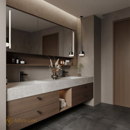 60''-96'' Bathroom Vanity with Sink Floating Vanity Marble Top Dark Wood Wide