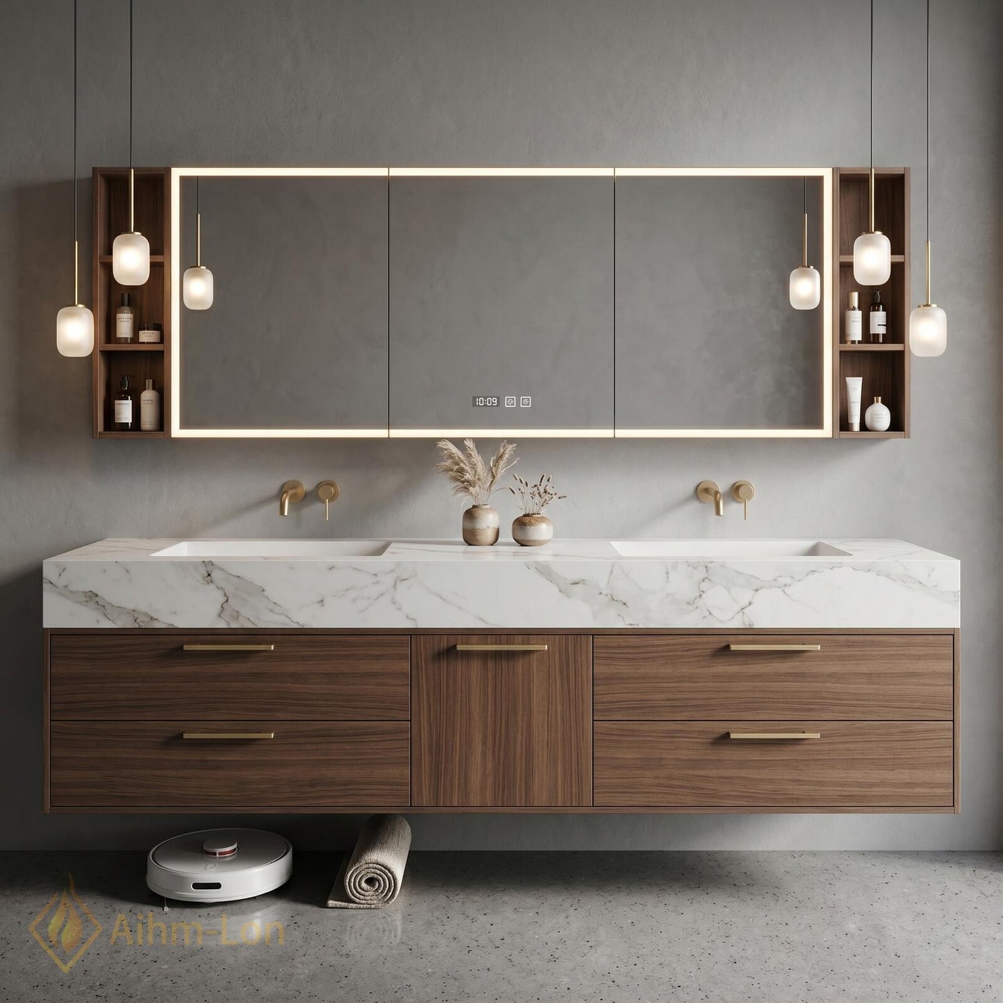 60''-96'' Double Bathroom Vanity with Sink Modern Floating Marble Top Walnut Finish