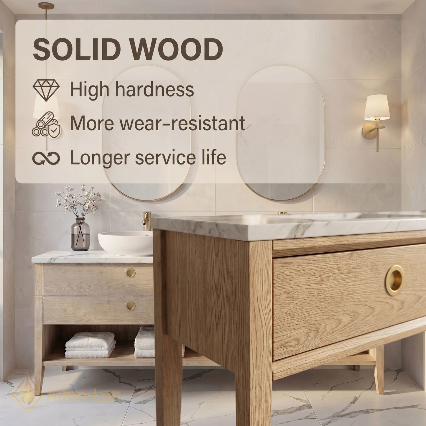 60''-96'' Double Bathroom Vanity with Sink Woodgrain Marble Pattern Floating Frame Cabinet
