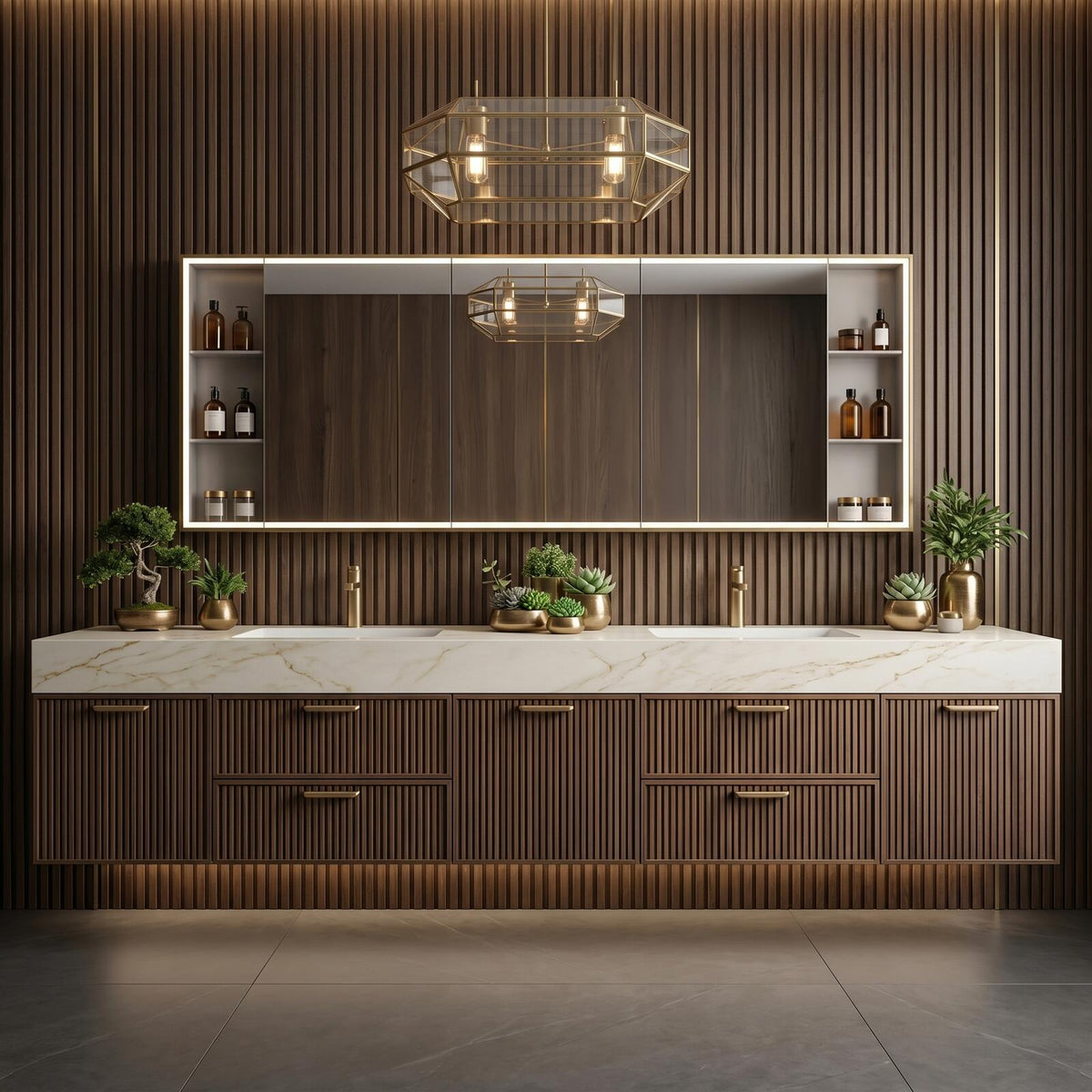 60''-96'' Modern Floating Bathroom Vanity with Sink White Marble-Look Slatted Front Panels