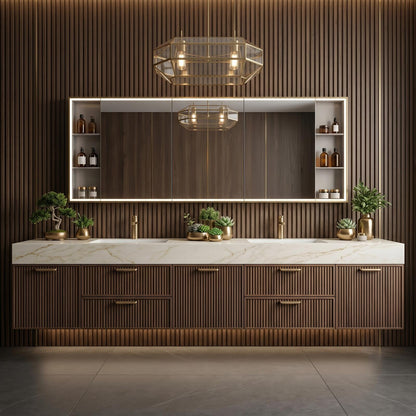 60''-96'' Modern Floating Bathroom Vanity with Sink White Marble-Look Slatted Front Panels