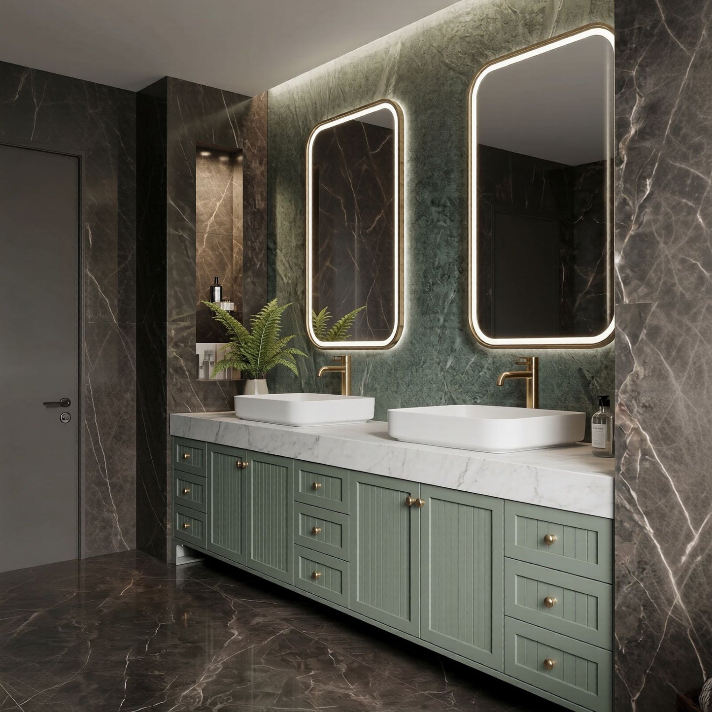 78''-96'' Double Bathroom Vanity with Sink Vessel Sinks Sliding Panel Emerald Green Cabinet