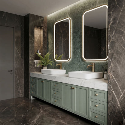 78''-96'' Double Bathroom Vanity with Sink Vessel Sinks Sliding Panel Emerald Green Cabinet