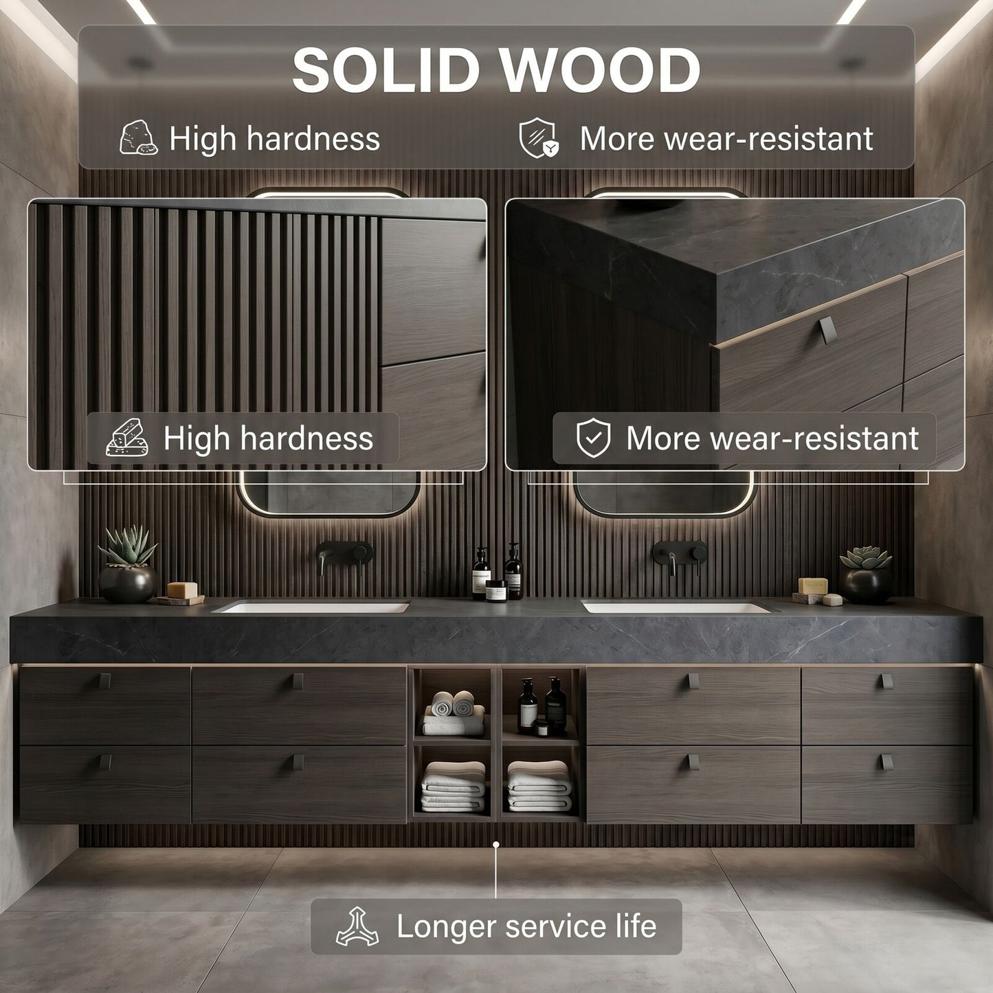 70''-96'' Modern Bathroom Vanity with Sink Dark Gray Top Rectangular Basin Cabinet