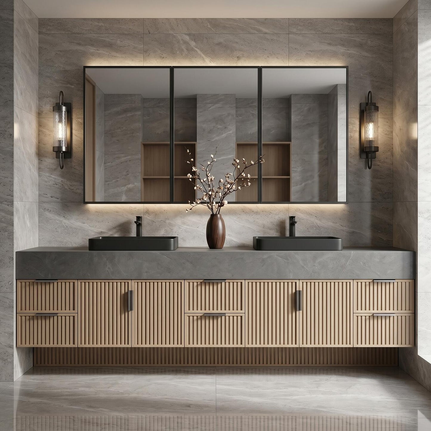 70''-96'' Modern Bathroom Vanity with Sink Double Sink Slatted Doors Gray Stone Cabinet