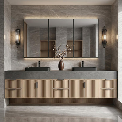 70''-96'' Modern Bathroom Vanity with Sink Double Sink Slatted Doors Gray Stone Cabinet