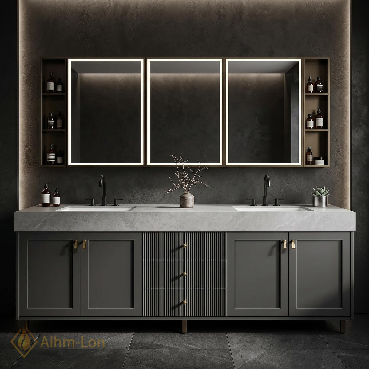 60''-96'' Double Bathroom Vanity with Sink Ribbed Center Panel Charcoal Gray Finish