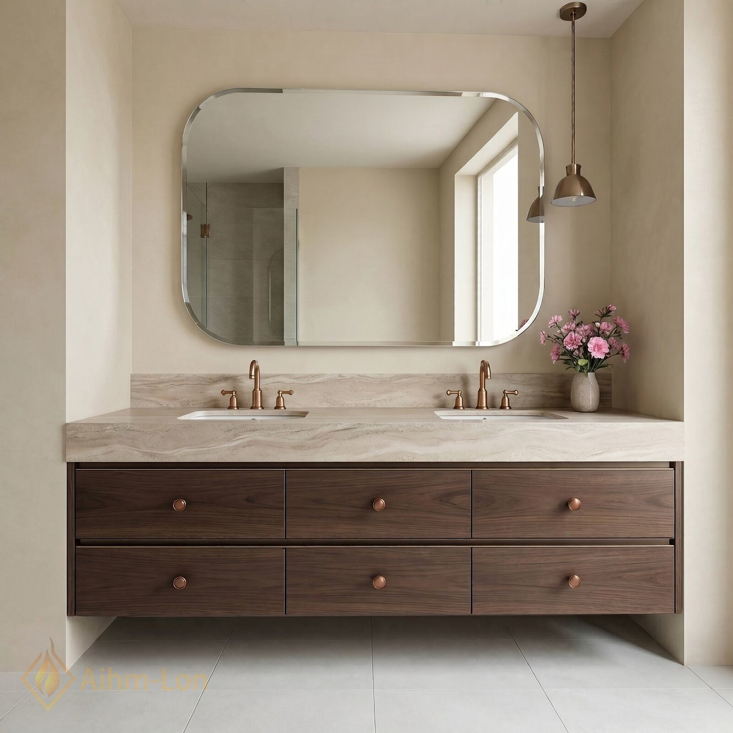 60''-96'' Modern Bathroom Vanity with Sink Floating Dark Walnut Clean Edge Six Drawers
