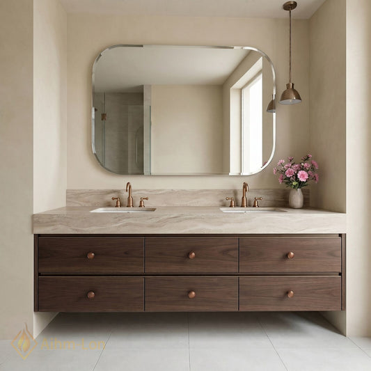 60''-96'' Modern Bathroom Vanity with Sink Floating Dark Walnut Clean Edge Six Drawers