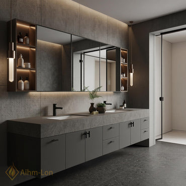 60''-96'' Double Bathroom Vanity with Sink Modern Floating Matte Grey Finish Mirror