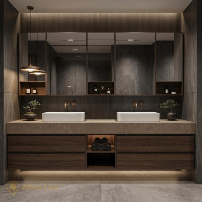 60''-96'' Double Bathroom Vanity with Sink Modern Floating Stone Top Dark Walnut