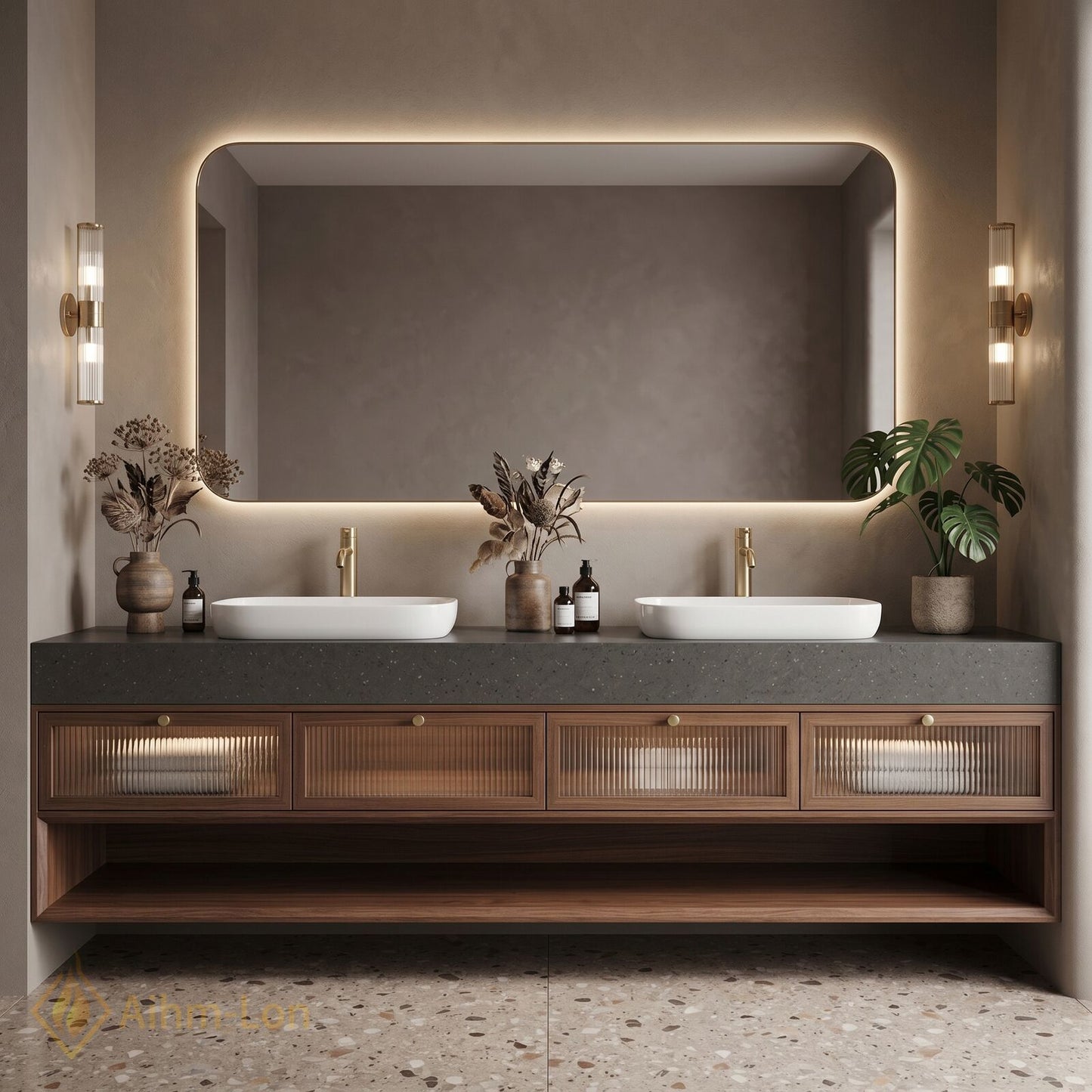 60''-96'' Double Bathroom Vanity with Sink Stone-Top Fluted Glass Drawers Dark Rounded