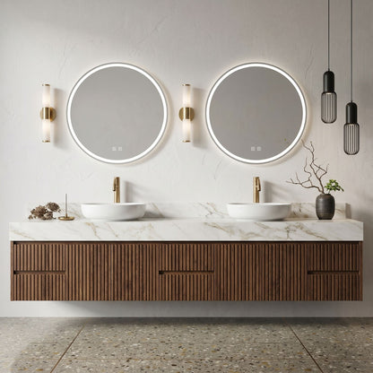 60''-96'' Modern Bathroom Vanity with Sink Double Sink Vertical Slatted Marble-look Drawers