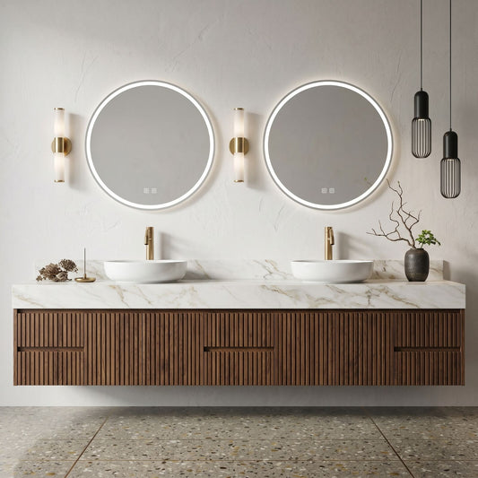60''-96'' Modern Bathroom Vanity with Sink Double Sink Vertical Slatted Marble-look Drawers