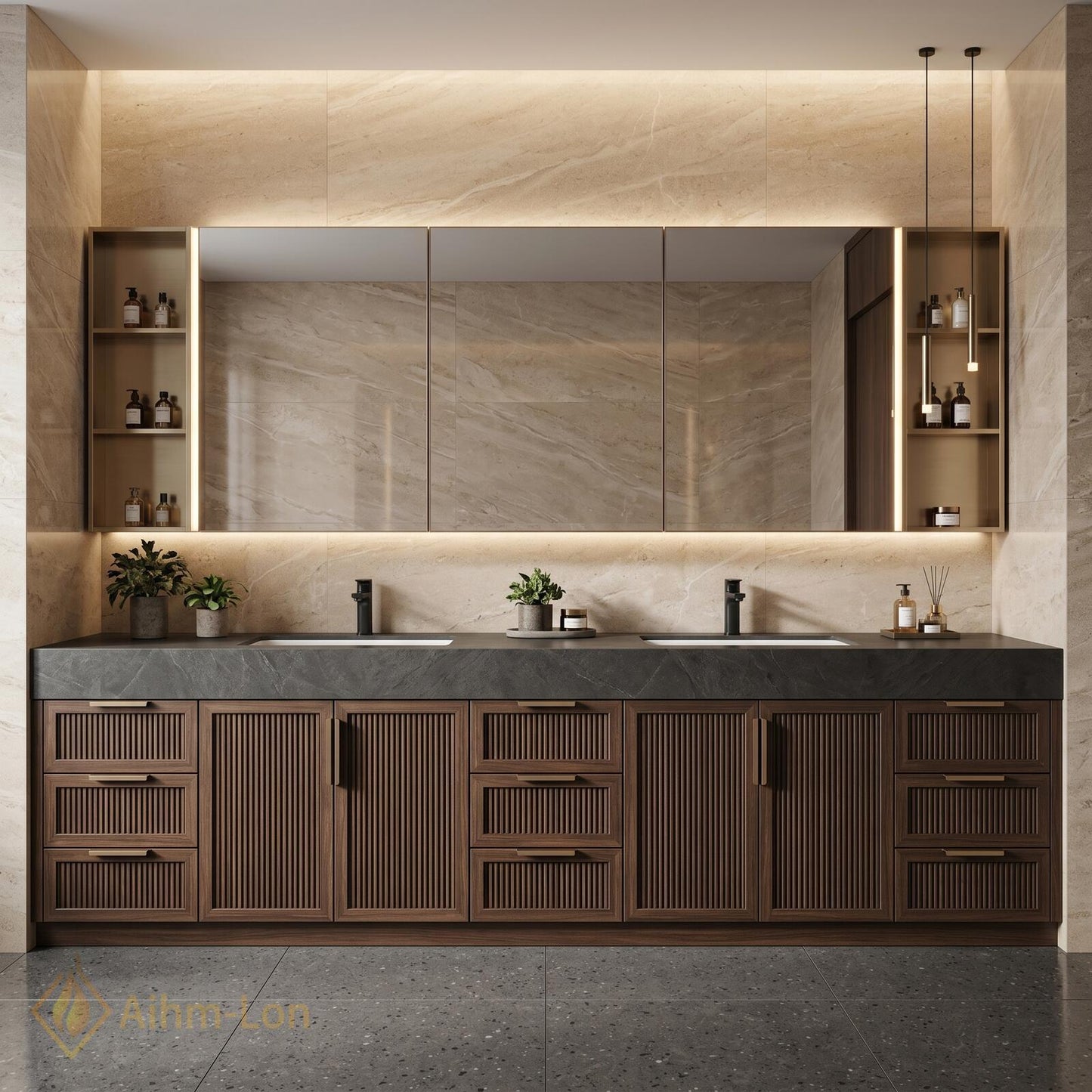 78''-96'' Double Bathroom Vanity with Sink Modern Floating Dark Stone Slatted Doors
