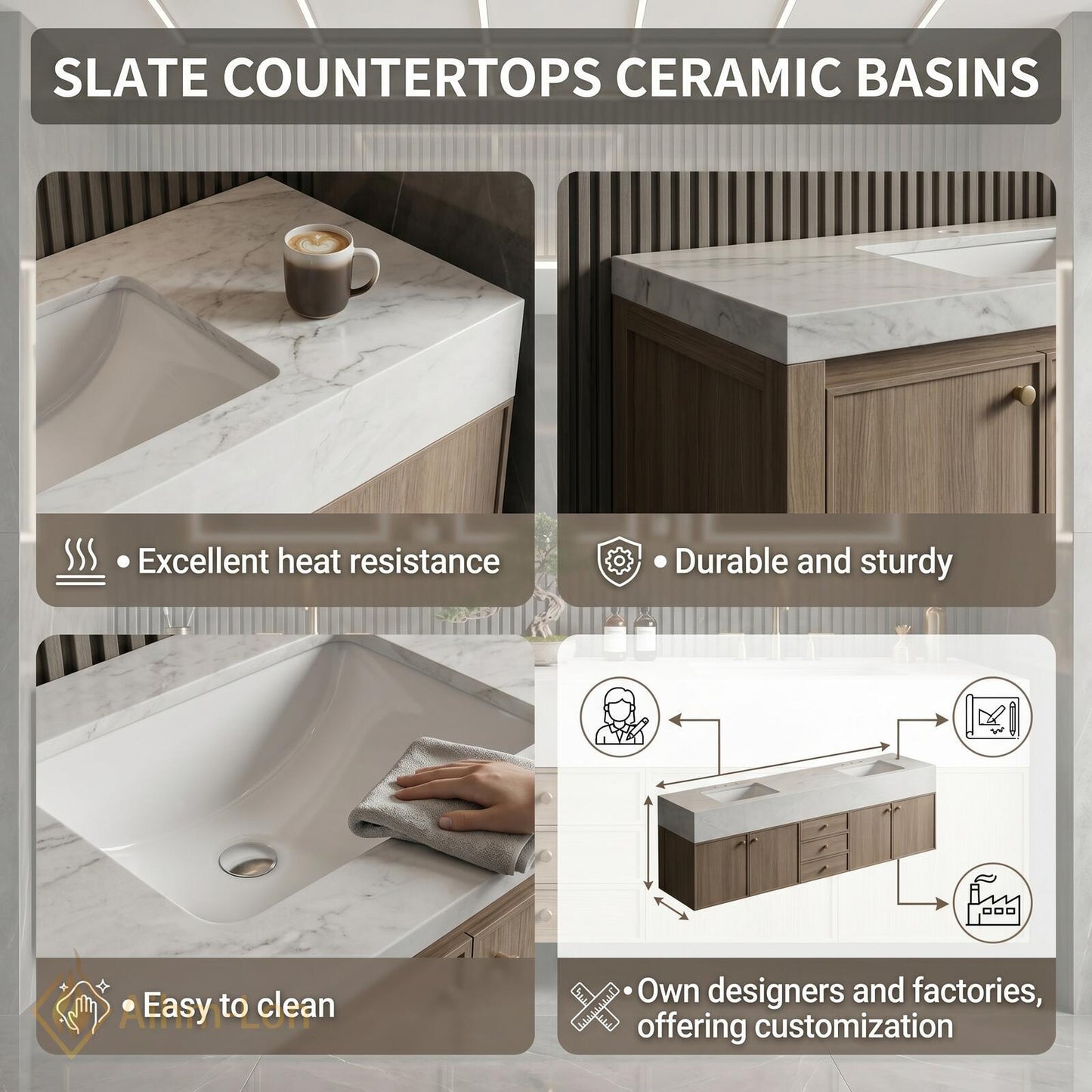 70''-96'' Modern Bathroom Vanity with Sink Floating Stone Wood Grain Center Drawers