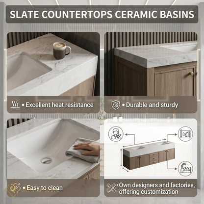 70''-96'' Modern Bathroom Vanity with Sink Floating Stone Wood Grain Center Drawers