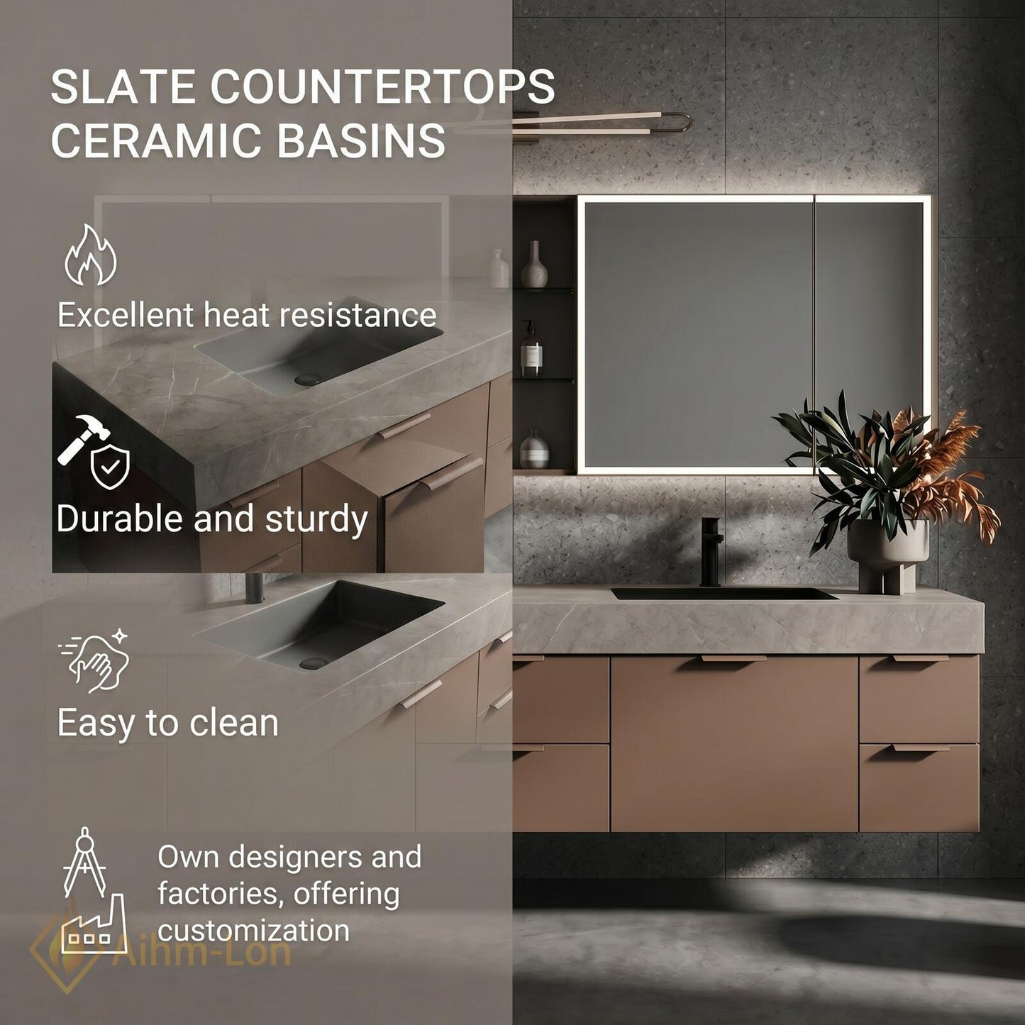 70''-96'' Modern Floating Bathroom Vanity with Sink Open Mirror Matte Taupe Finish