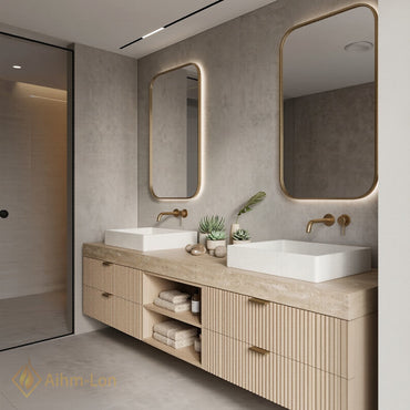 60''-96'' Double Bathroom Vanity with Sink Ribbon-Slit Door Panels Neutral Stone Top