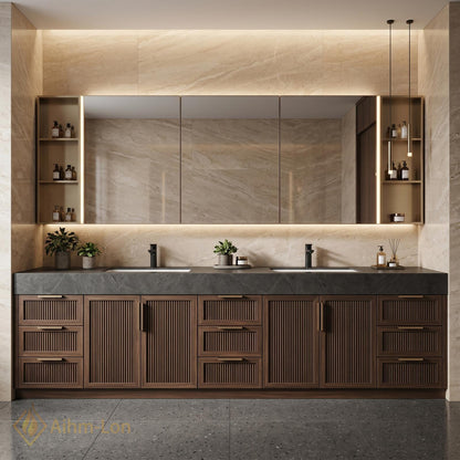 78''-96'' Double Bathroom Vanity with Sink Modern Floating Dark Stone Slatted Doors