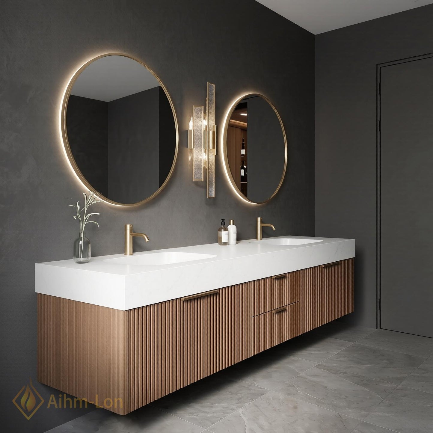 60''-96'' Double Bathroom Vanity with Sink Walnut Floating Open Shelving Vertically Grooved