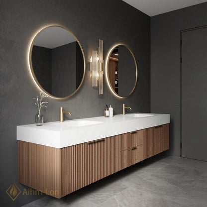 60''-96'' Double Bathroom Vanity with Sink Walnut Floating Open Shelving Vertically Grooved