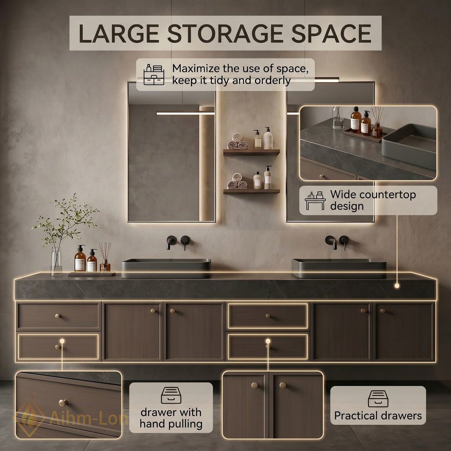 76''-96'' Double Bathroom Vanity with Sink Dark-Walnut Walnut Floating Wall-Mounted Wall-Mount Sinks