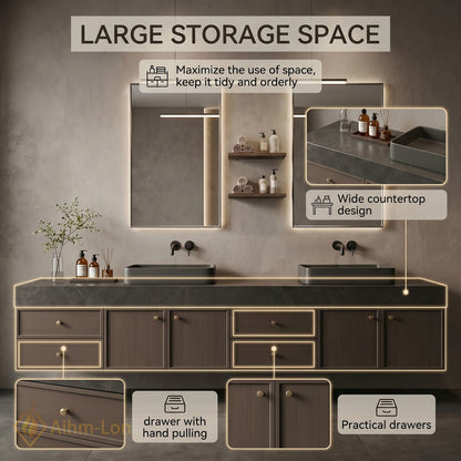 76''-96'' Double Bathroom Vanity with Sink Dark-Walnut Walnut Floating Wall-Mounted Wall-Mount Sinks