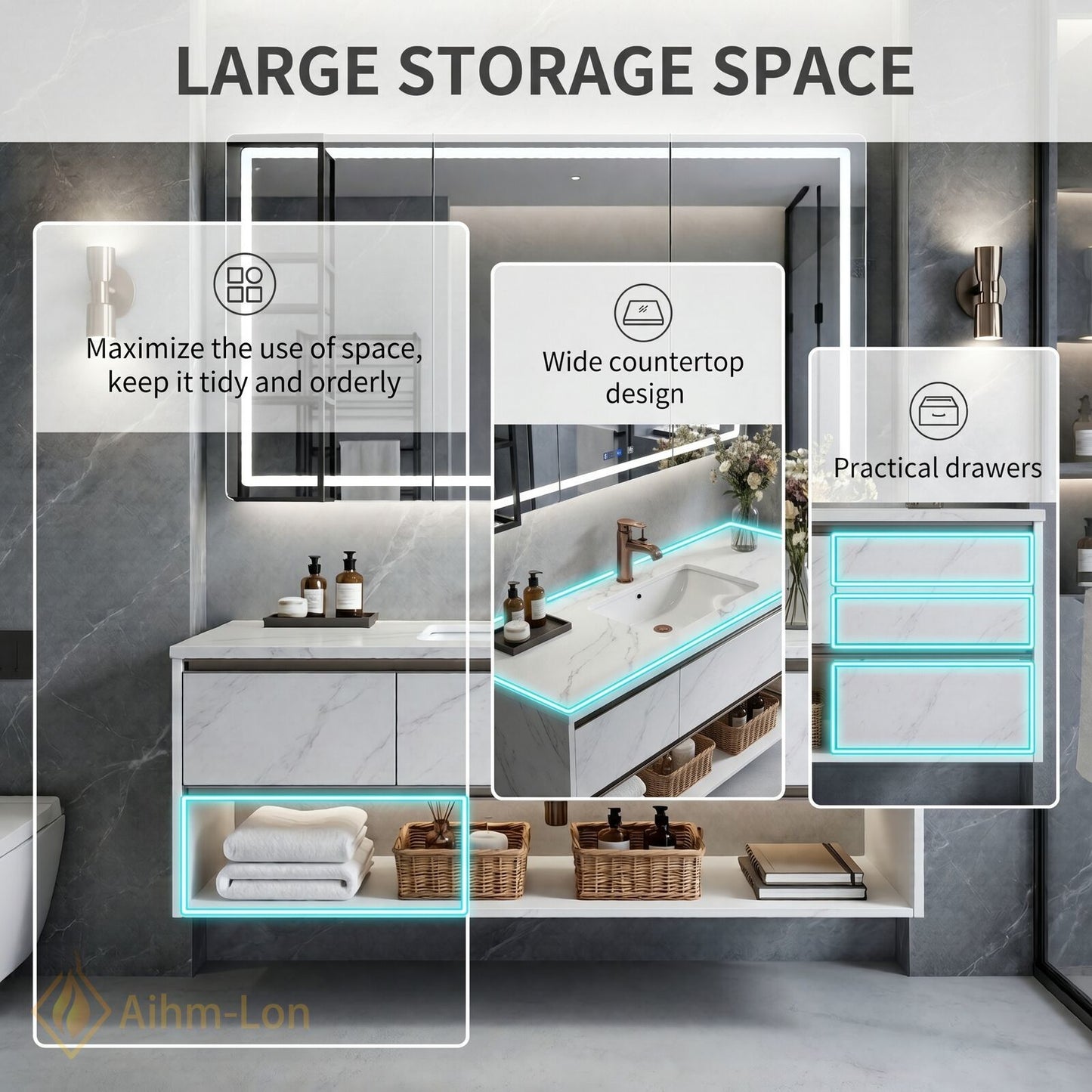 36''-64'' Modern Bathroom Vanity with Sink White Marble Floating Smart Digital Mirror