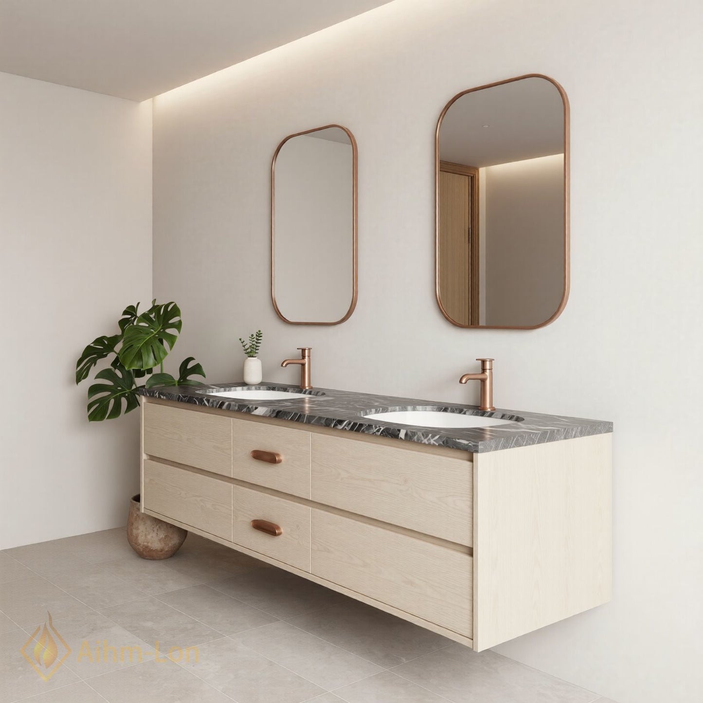 60''-96'' Modern Bathroom Vanity with Sink Floating Dark Marble Copper Anti-Fog Mirror