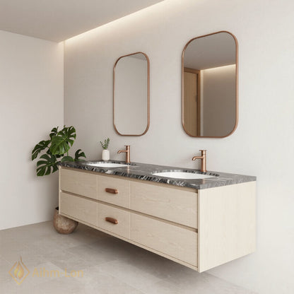 60''-96'' Modern Bathroom Vanity with Sink Floating Dark Marble Copper Anti-Fog Mirror