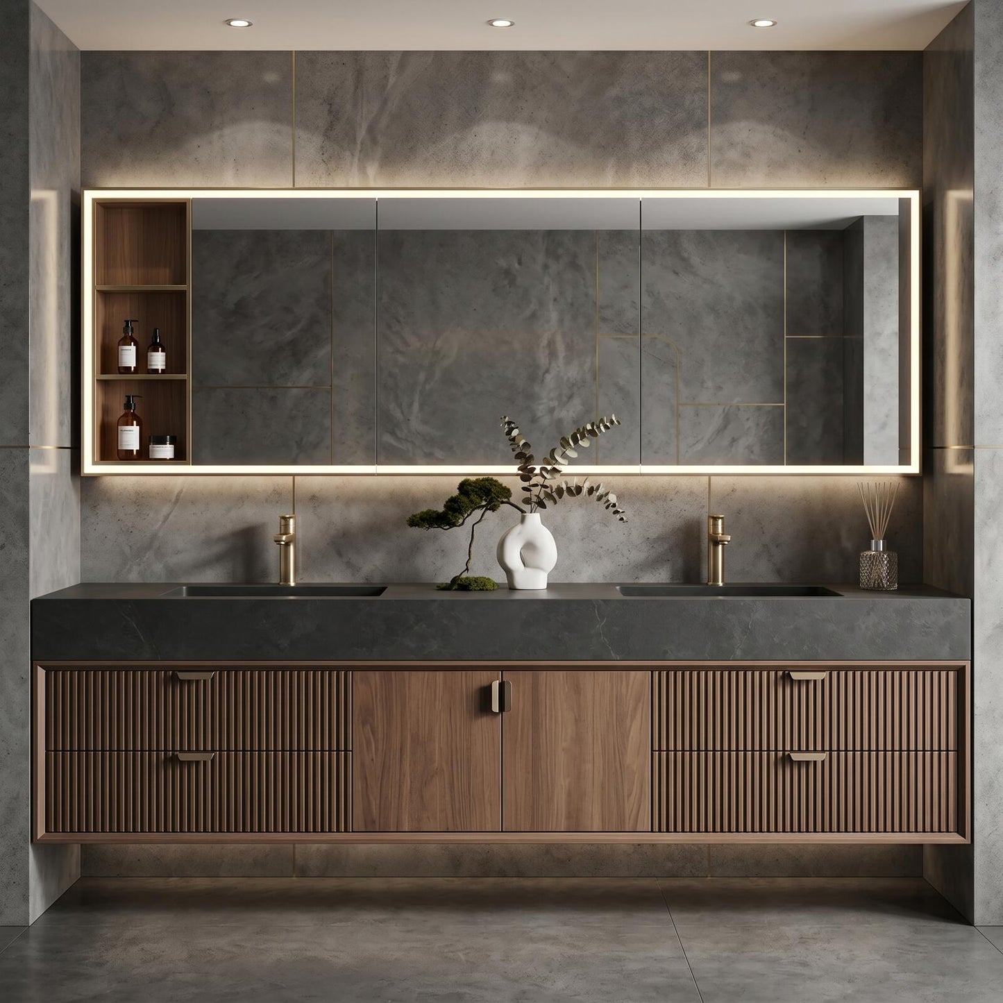 60''-96'' Modern Bathroom Vanity with Sink Dual Basins Warm Walnut Grain Storage Cabinet