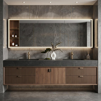60''-96'' Modern Bathroom Vanity with Sink Dual Basins Warm Walnut Grain Storage Cabinet