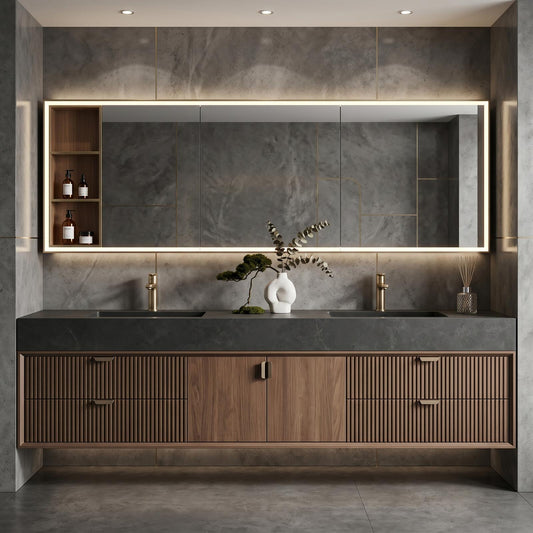60''-96'' Modern Bathroom Vanity with Sink Dual Basins Warm Walnut Grain Storage Cabinet
