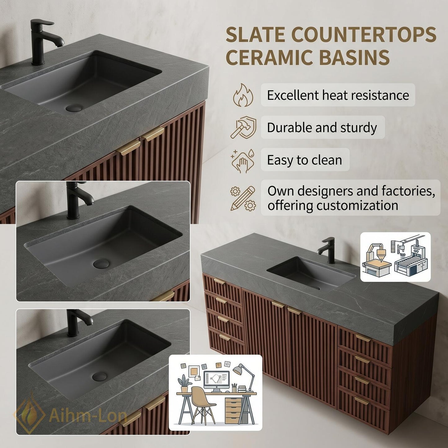 70''-96'' Modern Double Bathroom Vanity with Sink Vertical Slats Dark Finish Cabinet
