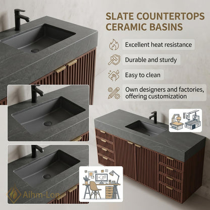 70''-96'' Modern Double Bathroom Vanity with Sink Vertical Slats Dark Finish Cabinet