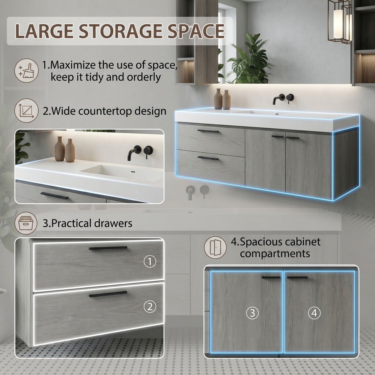 36''-64'' Modern Bathroom Vanity with Sink Single Grey Wood Grains Floating Mirror Cabinet