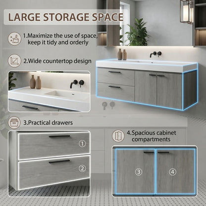36''-64'' Modern Bathroom Vanity with Sink Single Grey Wood Grains Floating Mirror Cabinet