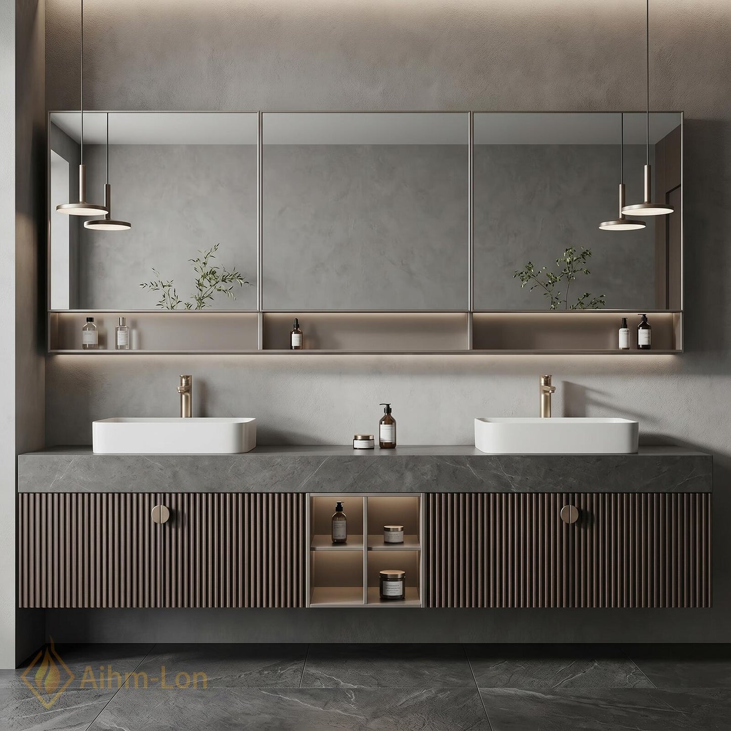 70''-96'' Modern Double Bathroom Vanity with Sink Floating Stone-Effect Vertical Slats Open