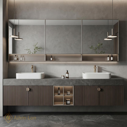 70''-96'' Modern Double Bathroom Vanity with Sink Floating Stone-Effect Vertical Slats Open