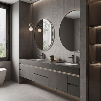 70''-96'' Modern Bathroom Vanity with Sink Dark Stone Grain Floating Storage Drawers
