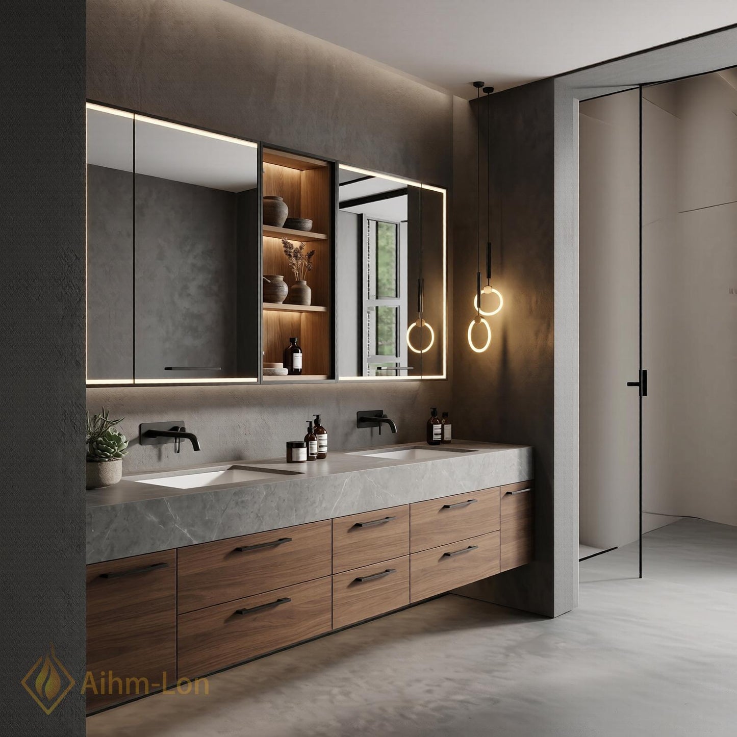 70''-96'' Double Bathroom Vanity with Sink Spacious Dark Wood Grain Marble-Style Top
