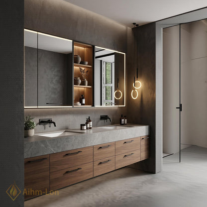70''-96'' Double Bathroom Vanity with Sink Spacious Dark Wood Grain Marble-Style Top