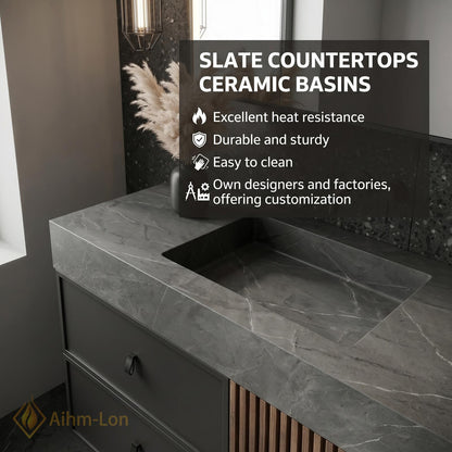 60''-96'' Double Bathroom Vanity with Sink Sleek Dark Grey Stone Central Slatted